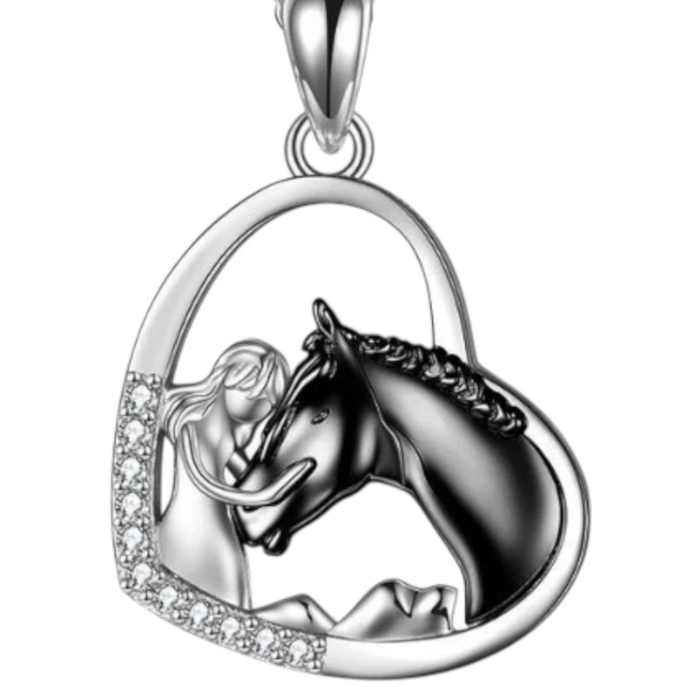 Sterling Silver Women’s Equestrian Horse Girl Heart Crystal Pendant Necklace